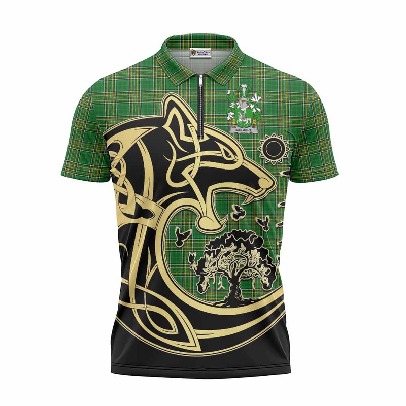 McGuire Irish Tartan Zipper Polo Shirt with Coat of Arms Celtic Wolf Style
