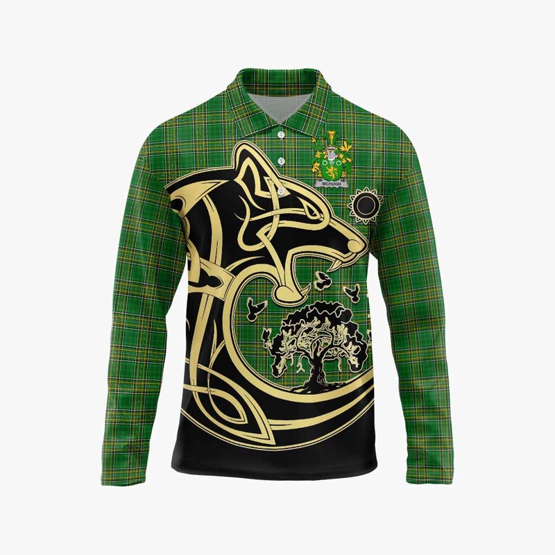 McHugh Irish Tartan Long Sleeve Polo Shirt with Coat of Arms Celtic Wolf Style
