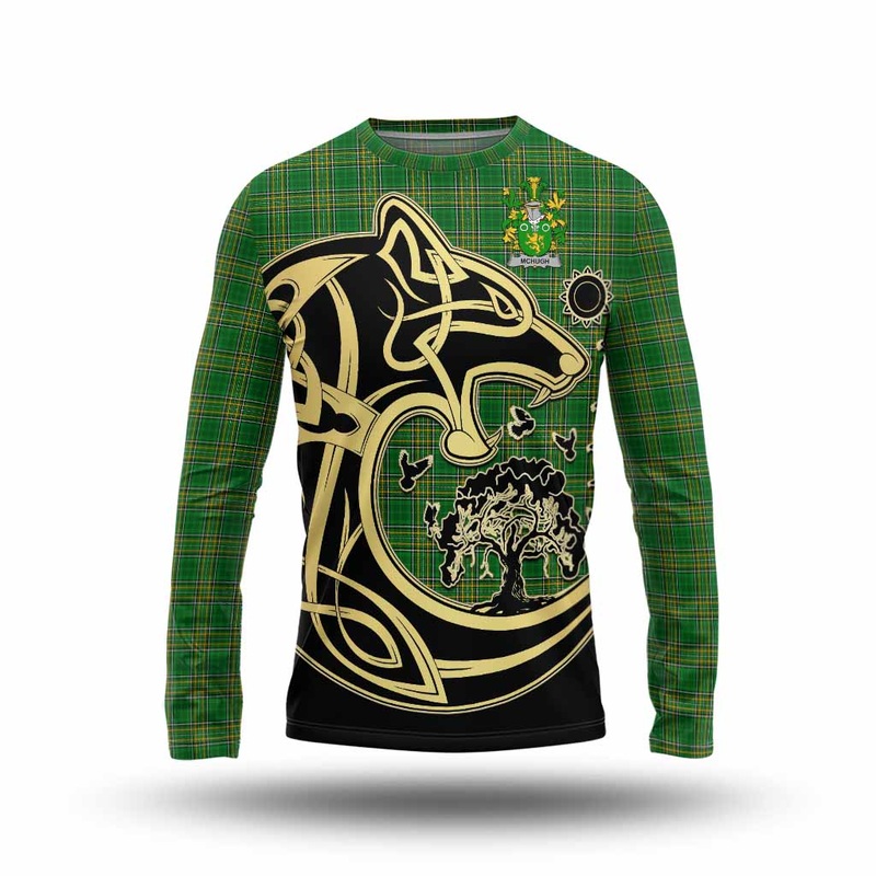 McHugh Irish Tartan Long Sleeve T-Shirt with Coat of Arms Celtic Wolf Style