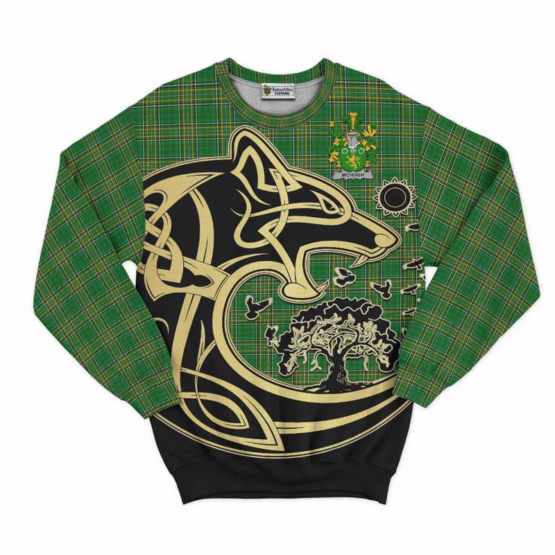 McHugh Irish Tartan Sweatshirt with Coat of Arms Celtic Wolf Style