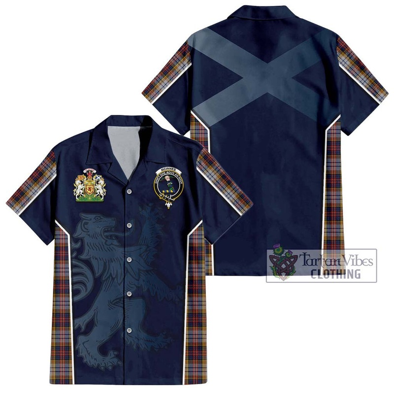 McInnes Ancient Hunting Tartan Short Sleeve Button Shirt with Family Crest and Lion Rampant Vibes Sport Style
