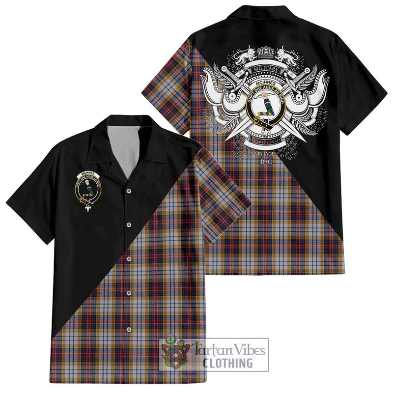 McInnes Ancient Hunting Tartan Short Sleeve Button Shirt with Family Crest and Military Logo Style