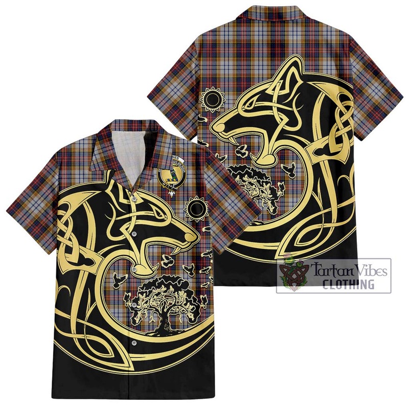 McInnes Ancient Hunting Tartan Short Sleeve Button Shirt with Family Crest Celtic Wolf Style