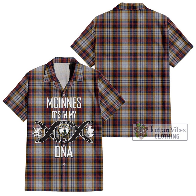 McInnes Ancient Hunting Tartan Short Sleeve Button Shirt with Family Crest DNA In Me Style