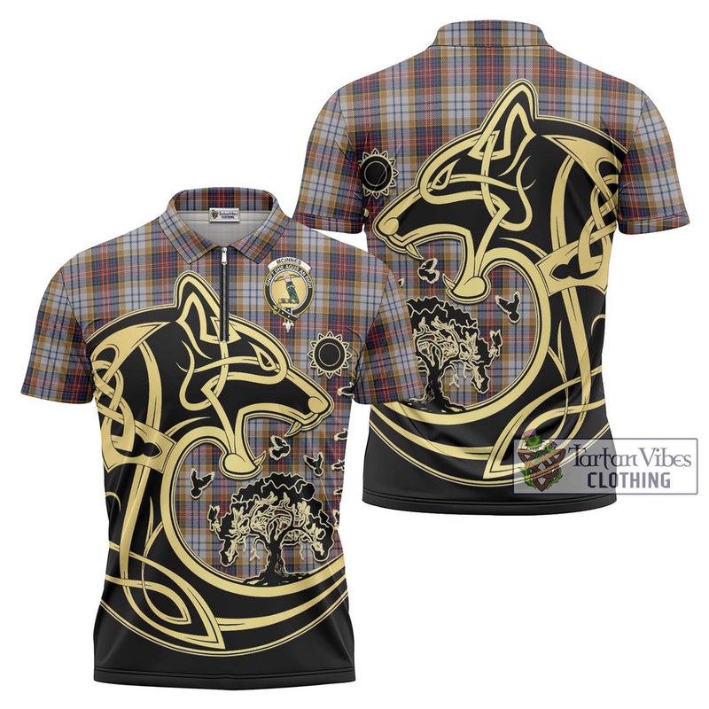 McInnes Ancient Hunting Tartan Zipper Polo Shirt with Family Crest Celtic Wolf Style