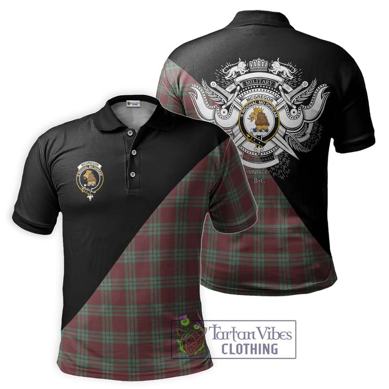 McGregor Hunting Ancient Tartan Polo Shirt with Family Crest and Military Logo Style