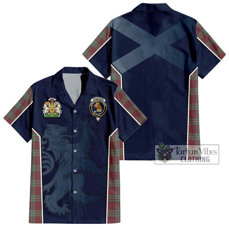 McGregor Hunting Ancient Tartan Short Sleeve Button Shirt with Family Crest and Lion Rampant Vibes Sport Style