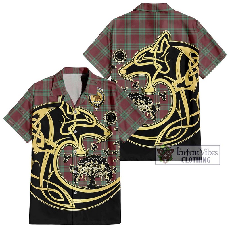 McGregor Hunting Ancient Tartan Short Sleeve Button Shirt with Family Crest Celtic Wolf Style