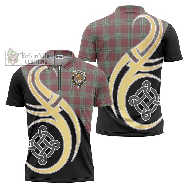 McGregor Hunting Ancient Tartan Zipper Polo Shirt with Family Crest and Celtic Symbol Style