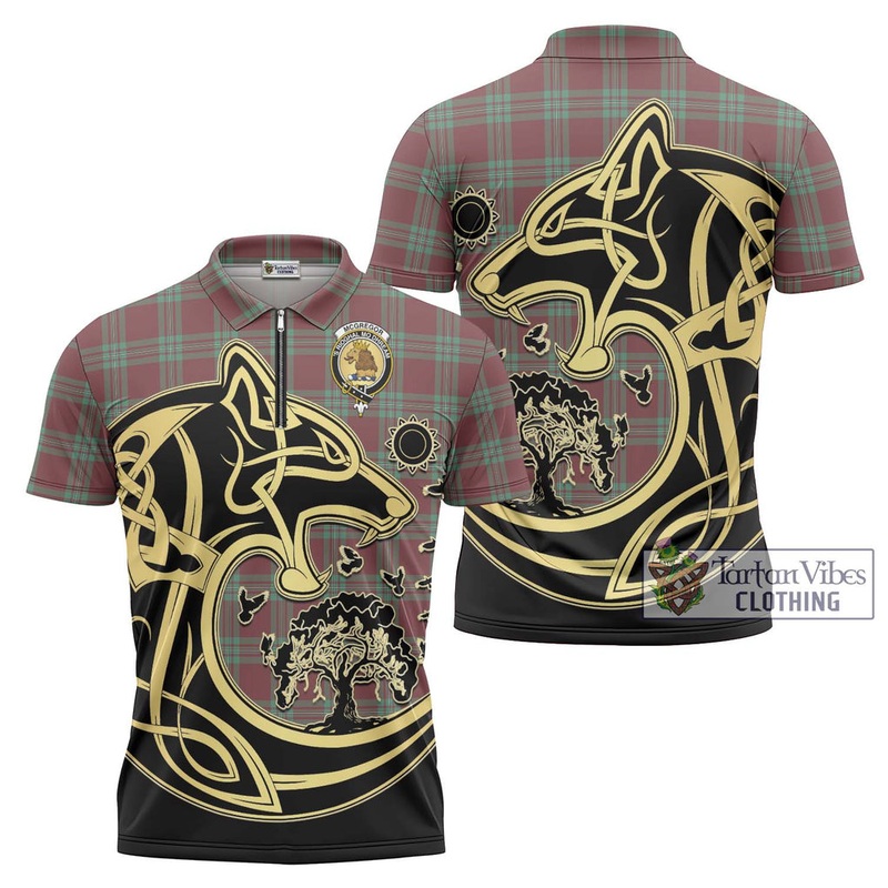 McGregor Hunting Ancient Tartan Zipper Polo Shirt with Family Crest Celtic Wolf Style