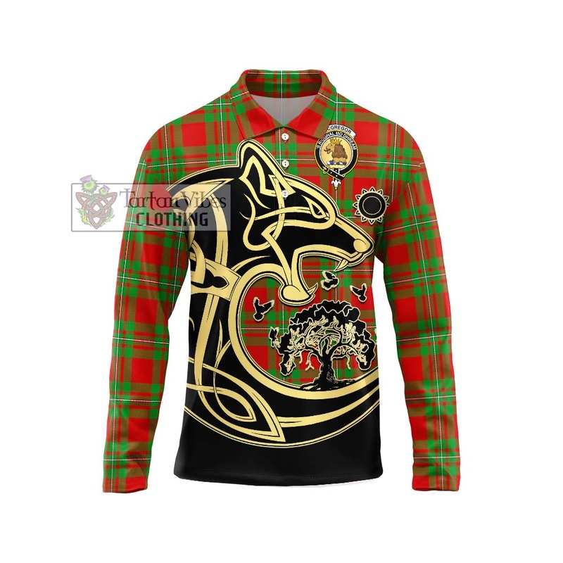 McGregor Modern Tartan Long Sleeve Polo Shirt with Family Crest Celtic Wolf Style
