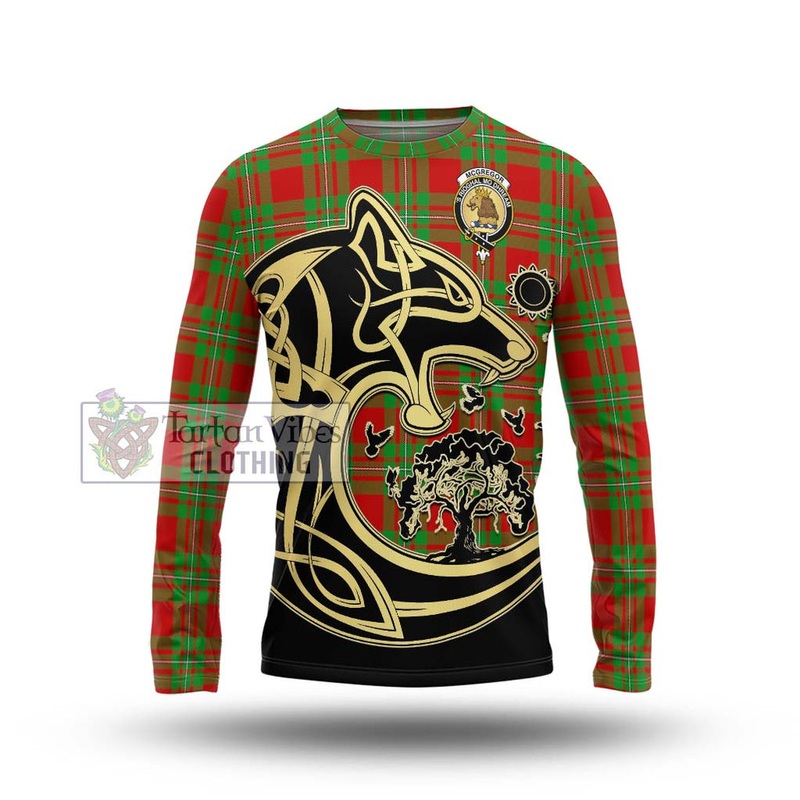 McGregor Modern Tartan Long Sleeve T-Shirt with Family Crest Celtic Wolf Style