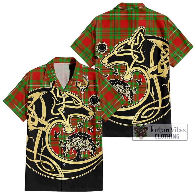 McGregor Modern Tartan Short Sleeve Button Shirt with Family Crest Celtic Wolf Style