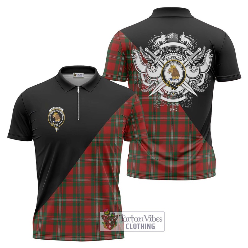 McGregor Tartan Zipper Polo Shirt with Family Crest and Military Logo Style