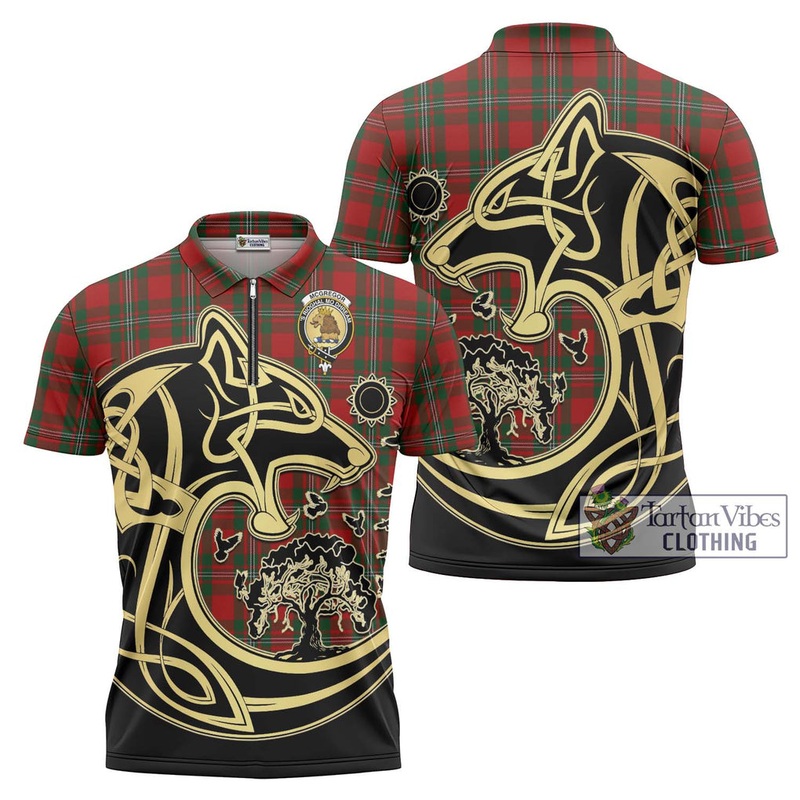 McGregor Tartan Zipper Polo Shirt with Family Crest Celtic Wolf Style