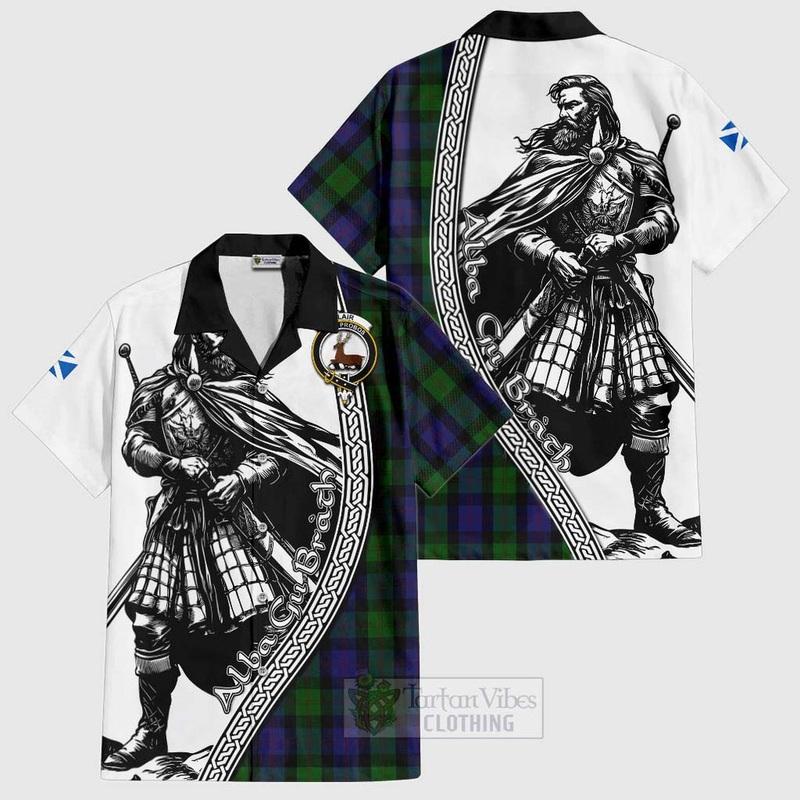 Blair Tartan Clan Crest Short Sleeve Button Shirt with Highlander Warrior Celtic Style