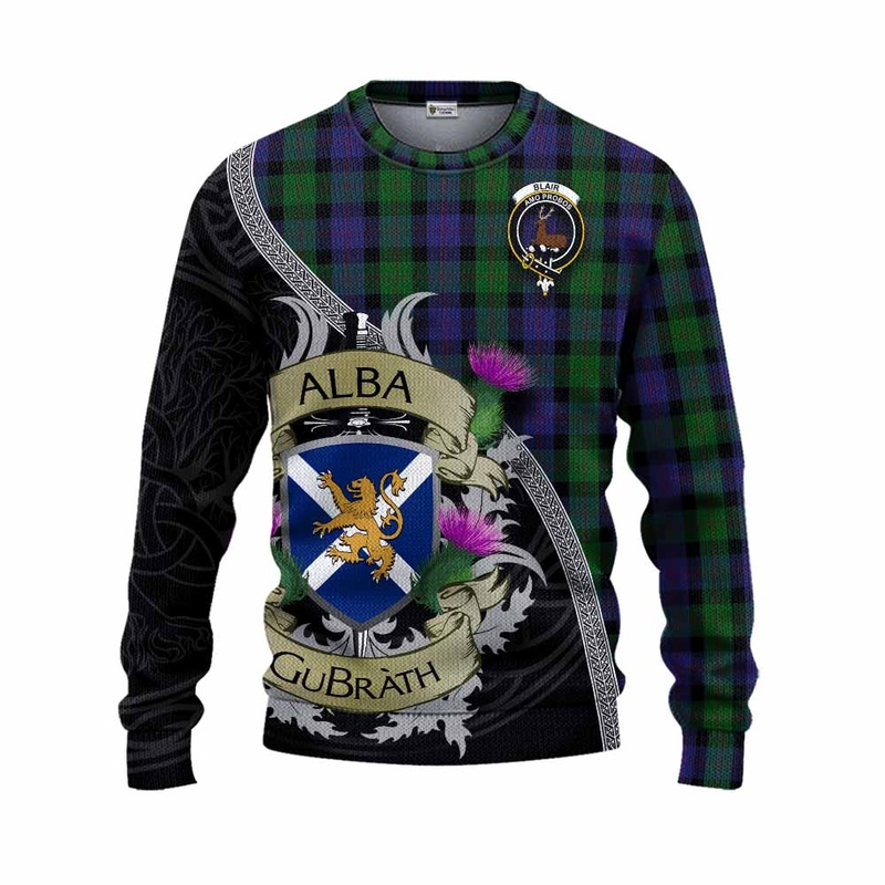 Blair Tartan Family Crest Knitted Sweater Lion Rampant Royal Thistle Shield Celtic Inspired