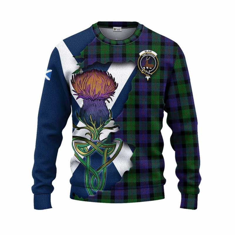 Blair Tartan Family Crest Knitted Sweater Scottish Thistle Celtic Inspired