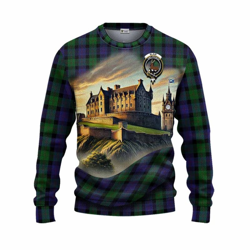 Blair Tartan Family Crest Knitted Sweater with Scottish Ancient Castle Style