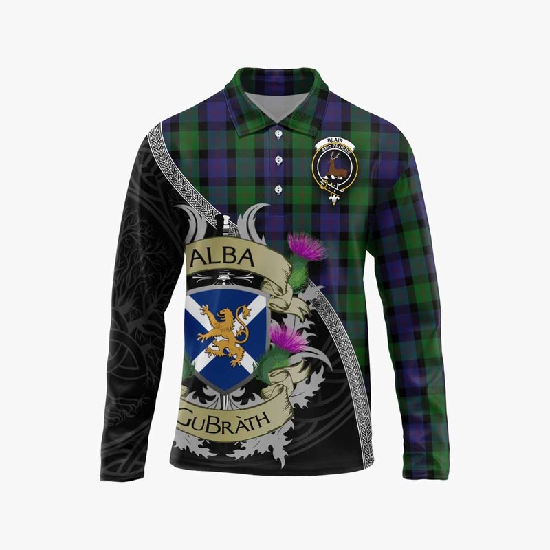 Blair Tartan Family Crest Long Sleeve Polo Shirt Lion Rampant Royal Thistle Shield Celtic Inspired