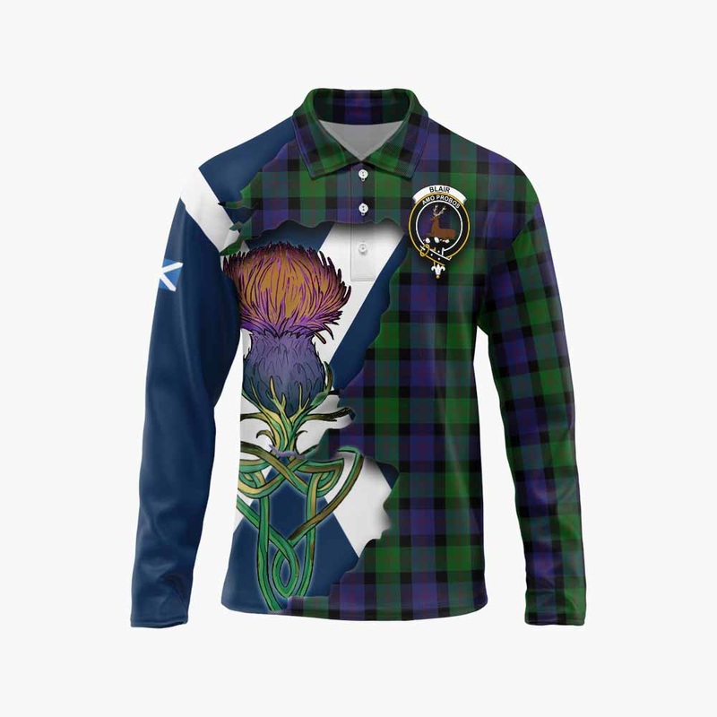 Blair Tartan Family Crest Long Sleeve Polo Shirt Scottish Thistle Celtic Inspired