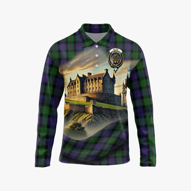 Blair Tartan Family Crest Long Sleeve Polo Shirt with Scottish Ancient Castle Style