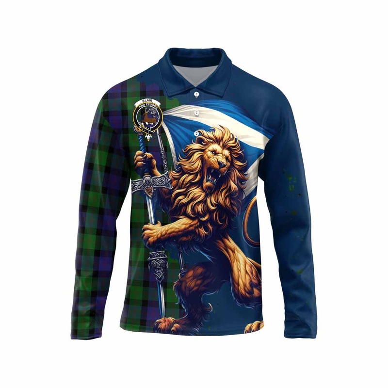 Blair Tartan Family Crest Long Sleeve Polo Shirt with Scottish Majestic Lion