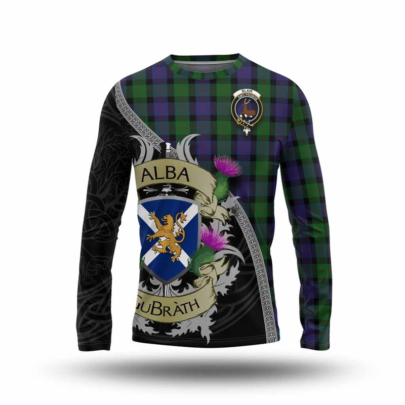 Blair Tartan Family Crest Long Sleeve T-Shirt Lion Rampant Royal Thistle Shield Celtic Inspired
