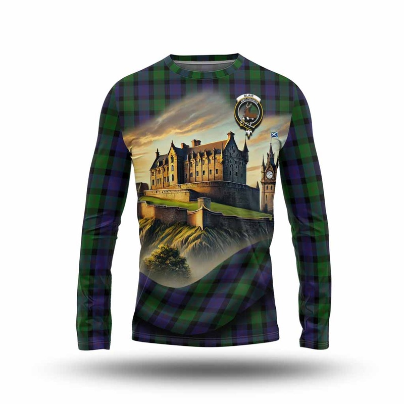Blair Tartan Family Crest Long Sleeve T-Shirt with Scottish Ancient Castle Style