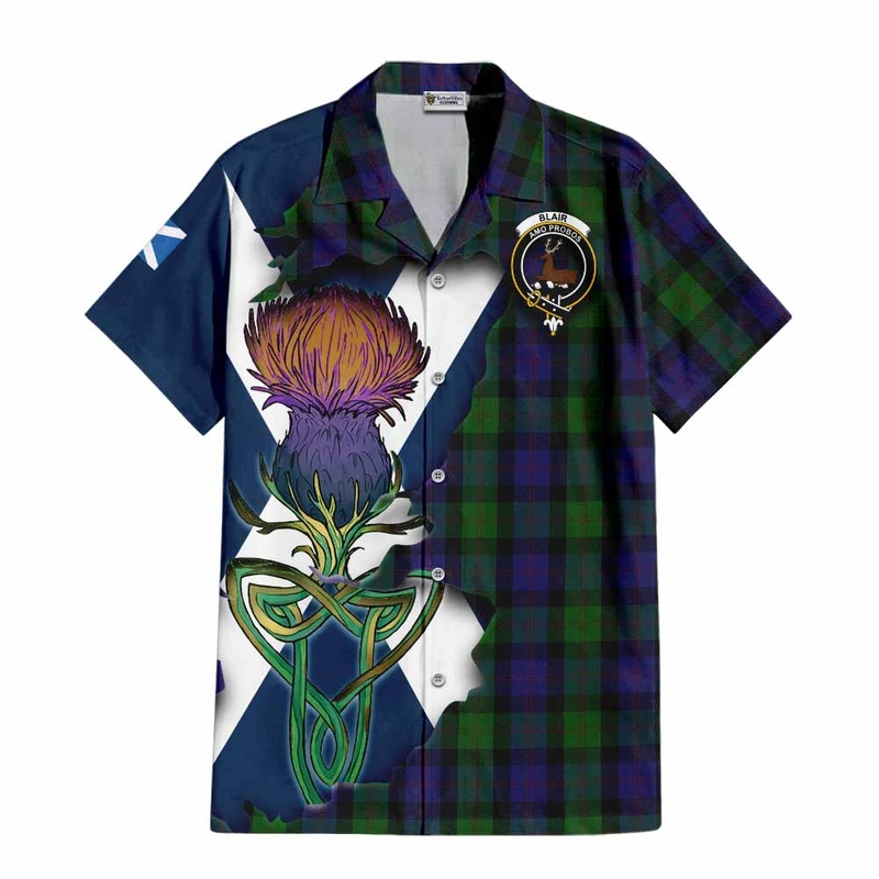 Blair Tartan Family Crest Short Sleeve Button Shirt Scottish Thistle Celtic Inspired