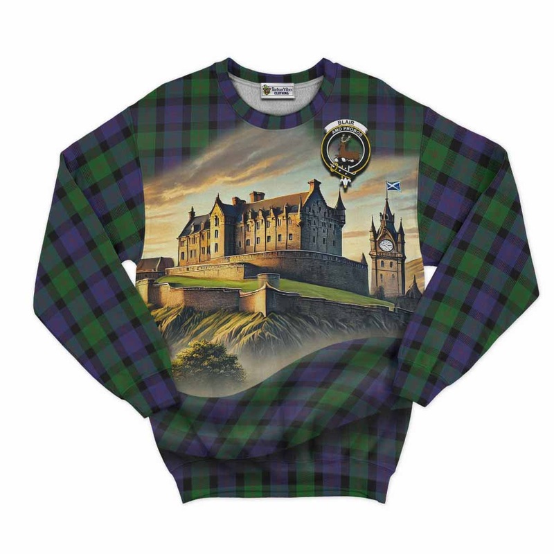 Blair Tartan Family Crest Sweatshirt with Scottish Ancient Castle Style