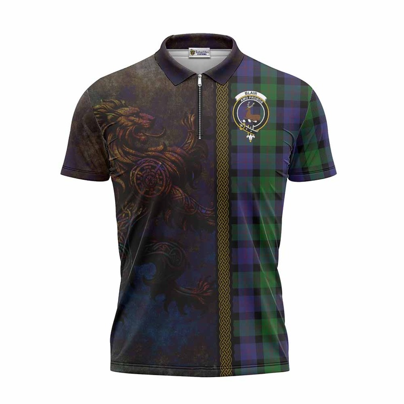 Blair Tartan Family Crest Zipper Polo Shirt Alba Gu Brath Be Brave Lion Ancient Style