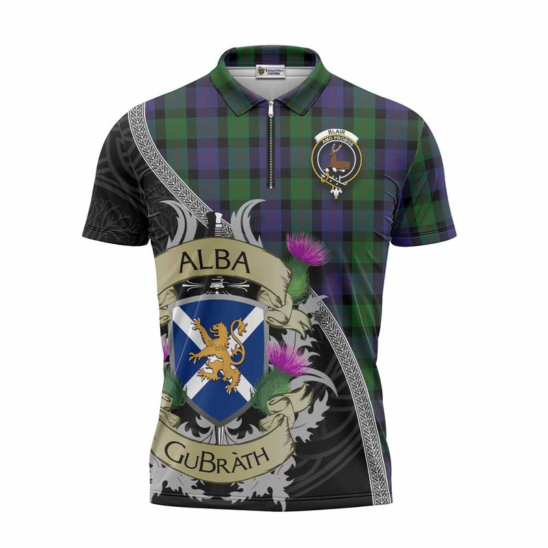 Blair Tartan Family Crest Zipper Polo Shirt Lion Rampant Royal Thistle Shield Celtic Inspired