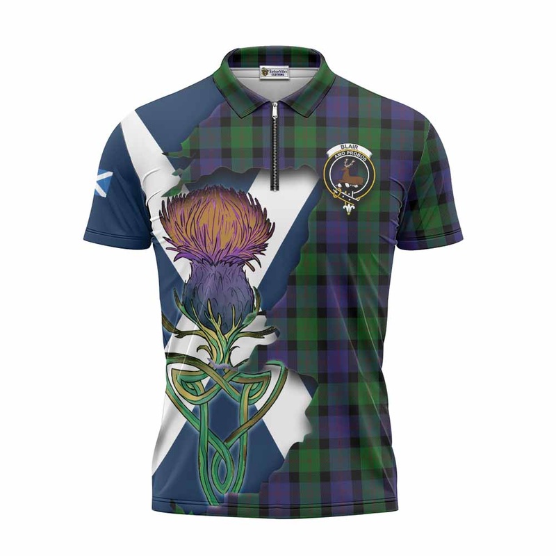 Blair Tartan Family Crest Zipper Polo Shirt Scottish Thistle Celtic Inspired