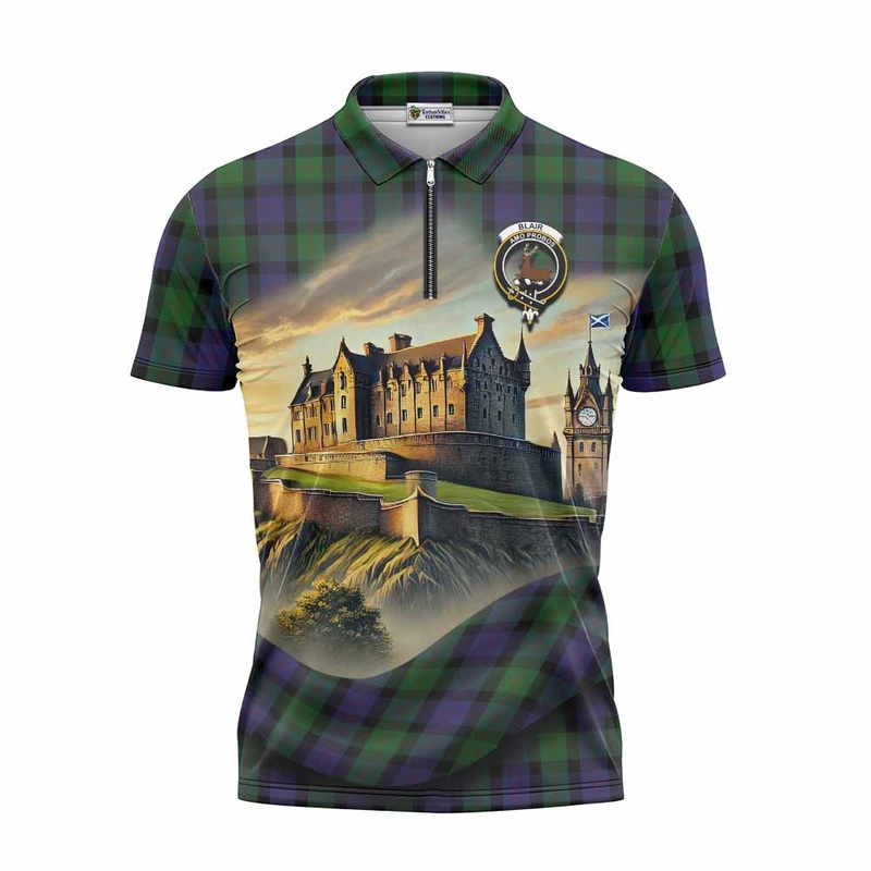 Blair Tartan Family Crest Zipper Polo Shirt with Scottish Ancient Castle Style