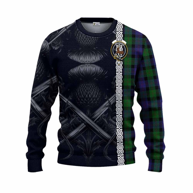 Blair Tartan Knitted Sweater with Family Crest Cross Sword Thistle Celtic Vibes