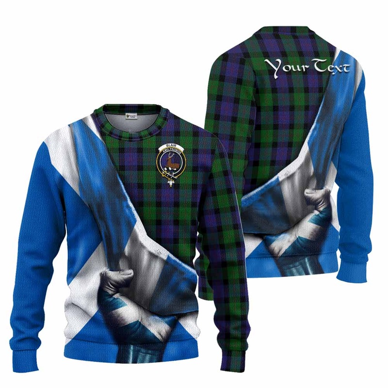 Blair Tartan Knitted Sweater with Family Crest Scotland Patriotic Style