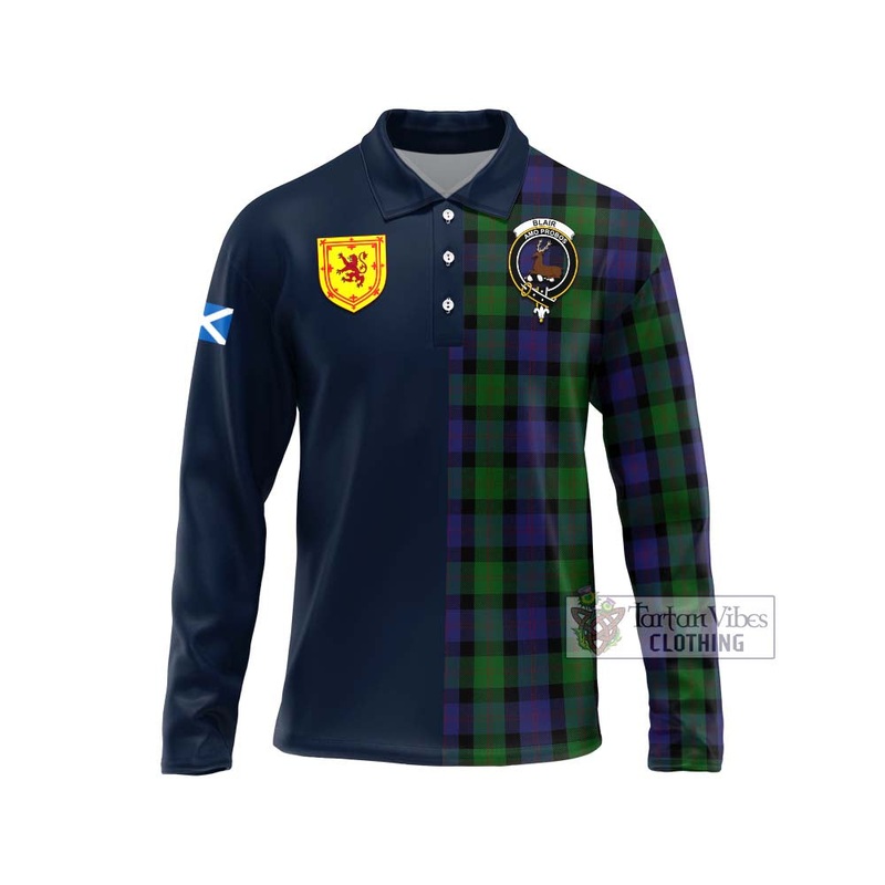 Blair Tartan Long Sleeve Polo Shirt Alba with Scottish Lion Royal Arm Half Style