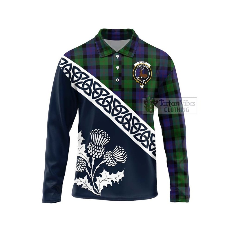 Blair Tartan Long Sleeve Polo Shirt Featuring Thistle and Scotland Map