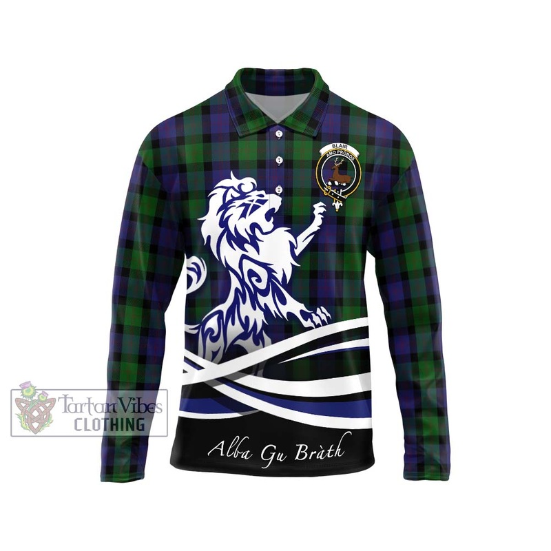 Blair Tartan Long Sleeve Polo Shirt with Alba Gu Brath Regal Lion Emblem