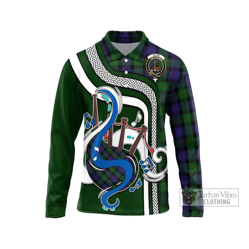 Blair Tartan Long Sleeve Polo Shirt with Epic Bagpipe Style