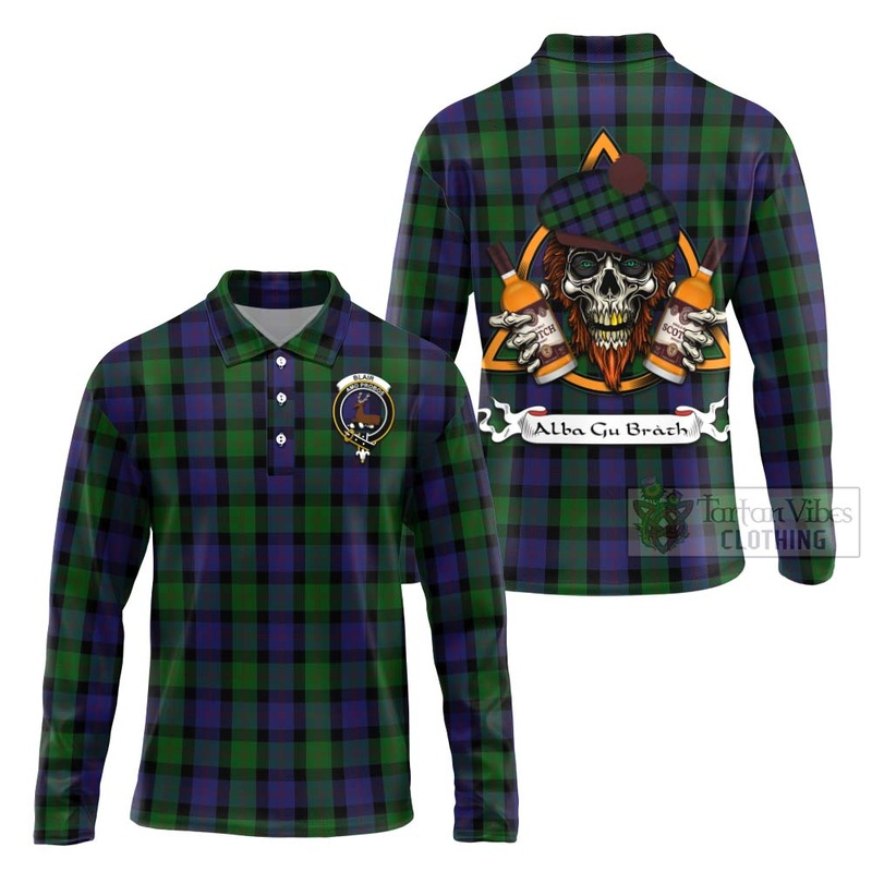 Blair Tartan Long Sleeve Polo Shirt with Family Crest and Bearded Skull Holding Bottles of Whiskey