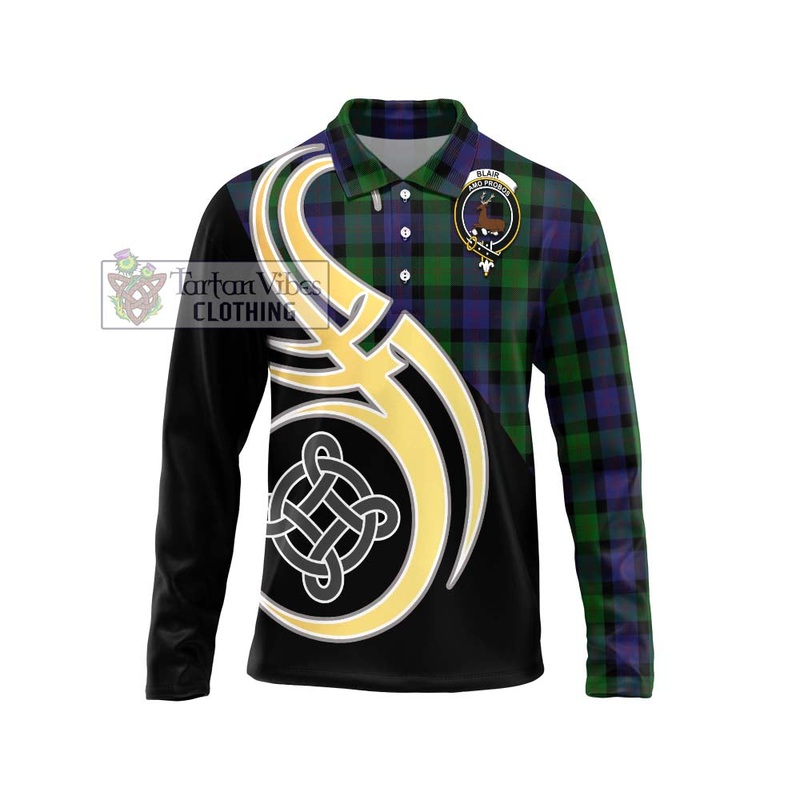 Blair Tartan Long Sleeve Polo Shirt with Family Crest and Celtic Symbol Style