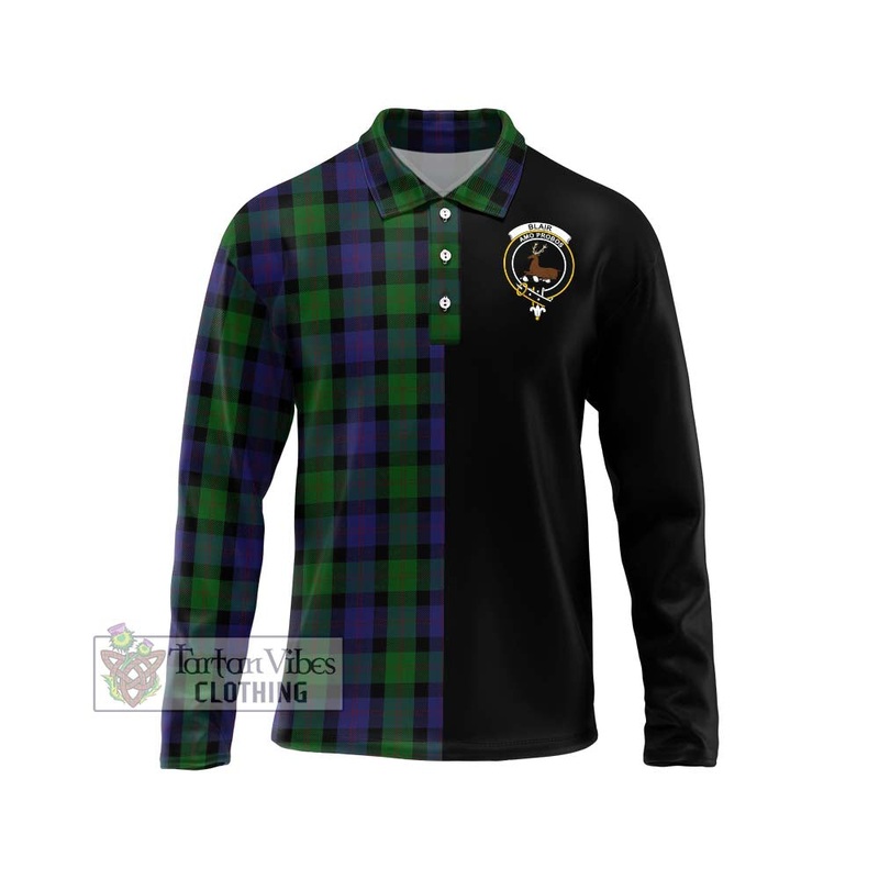 Blair Tartan Long Sleeve Polo Shirt with Family Crest and Half Of Me Style
