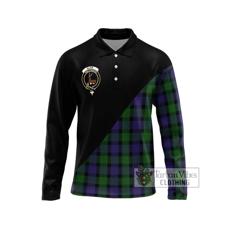 Blair Tartan Long Sleeve Polo Shirt with Family Crest and Military Logo Style
