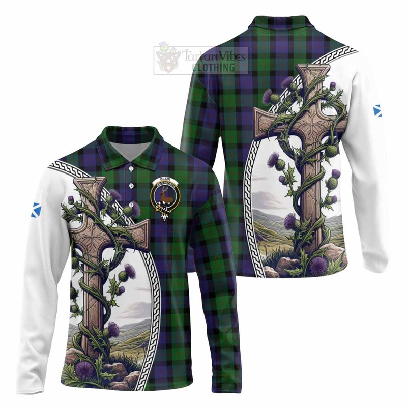 Blair Tartan Long Sleeve Polo Shirt with Family Crest and St. Andrew's Cross Accented by Thistle Vines
