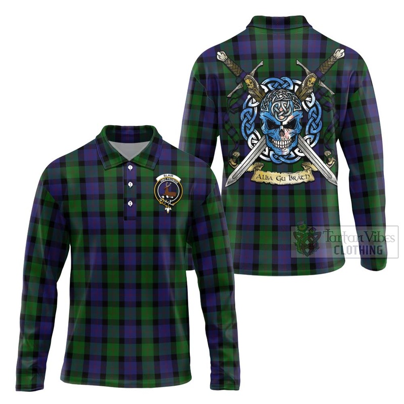 Blair Tartan Long Sleeve Polo Shirt with Family Crest Celtic Skull Style