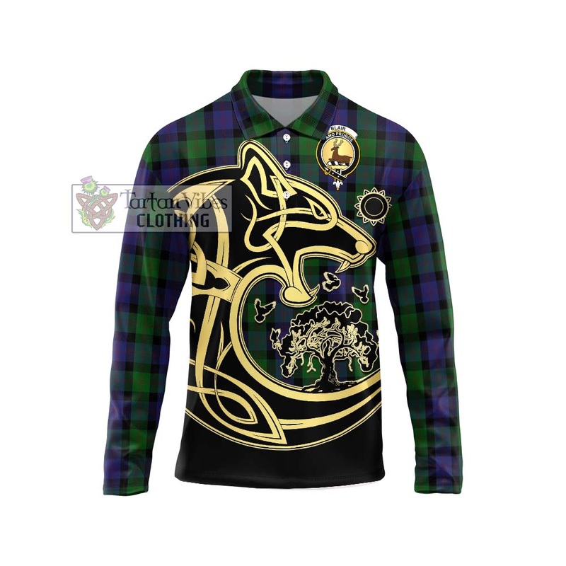 Blair Tartan Long Sleeve Polo Shirt with Family Crest Celtic Wolf Style