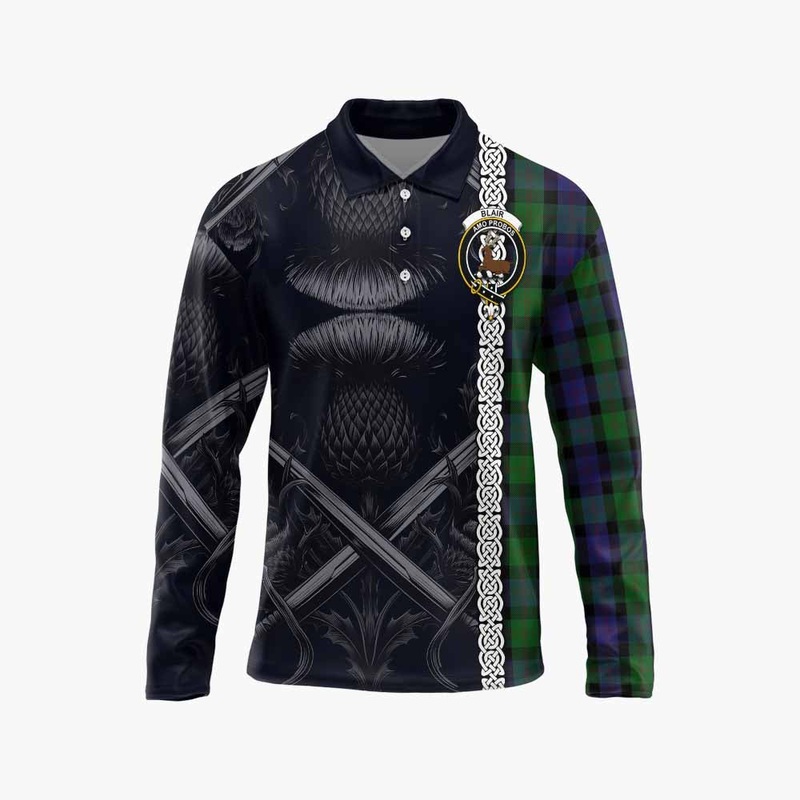 Blair Tartan Long Sleeve Polo Shirt with Family Crest Cross Sword Thistle Celtic Vibes