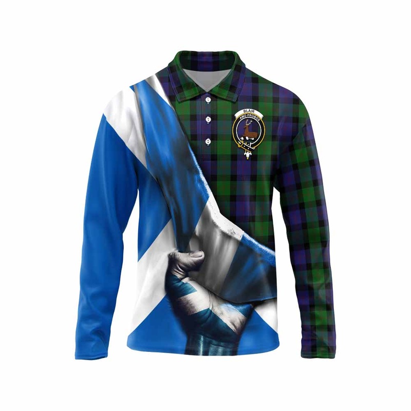 Blair Tartan Long Sleeve Polo Shirt with Family Crest Scotland Patriotic Style